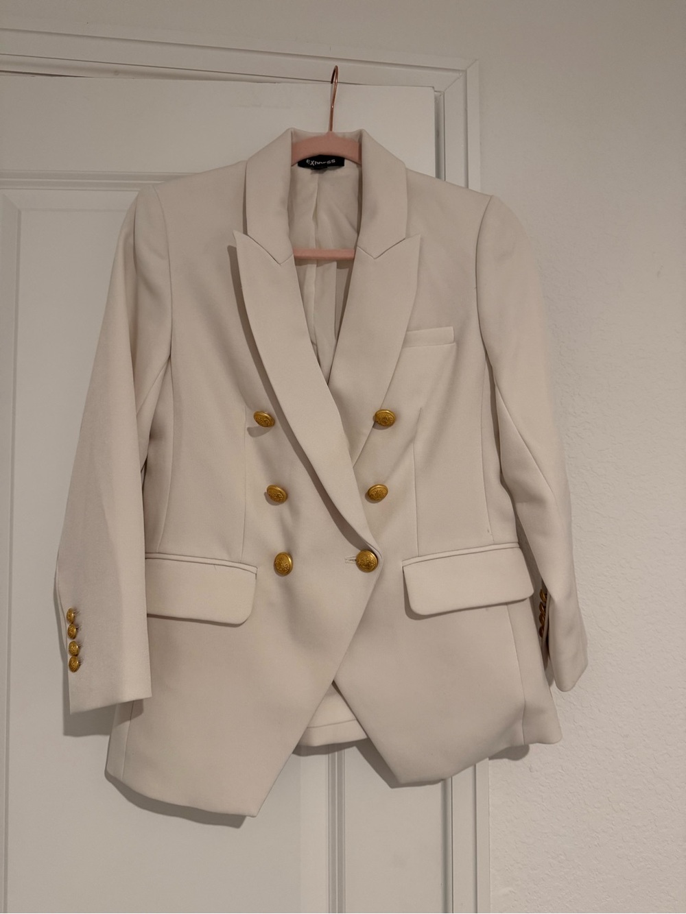 Express Women's Double-Breasted Cream Blazer with Gold Buttons